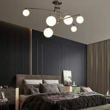 Imagem de Lustre Dourado 6 Luzes Moderno Sputnik Mid Century Pingente Luminária De Vidro Fosco Globo De Luz De Teto Para Cozinha Sala De Jantar Sala De Estar, Black, 6 Lights