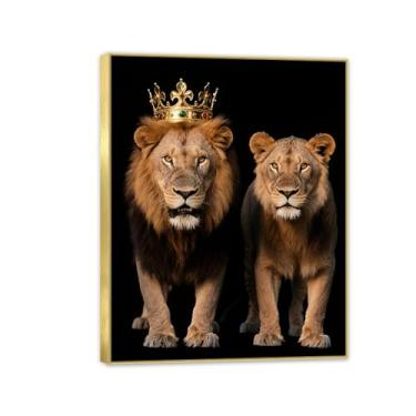 Imagem de Arte de parede em tela emoldurada dourada O Rei Leão e a Rainha com Coroa Dourada Pôster Preto e Branco Animal Decoração de Parede Pintura para Casa Quarto Sala de Estar Escritório 40 x 30 cm (16 x 12