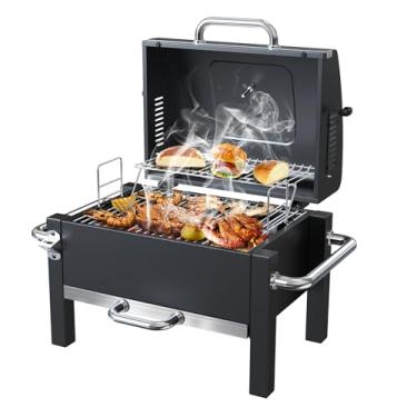 Imagem de BBQCuker Churrasqueira a carvão portátil, churrasqueira de mesa com termômetro, 2 camadas, defumador, para acampamento e piquenique