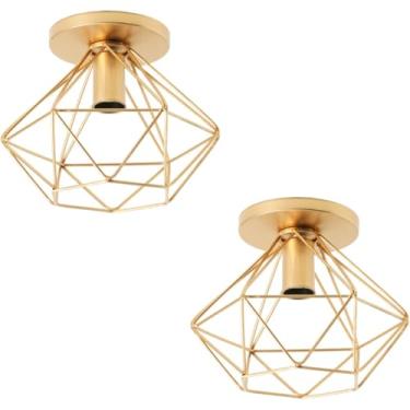 Imagem de 2 Pcs Lustre Teto Industrial Retrô Aramado Diamante Redondo Aramado Luminaria (dourado)