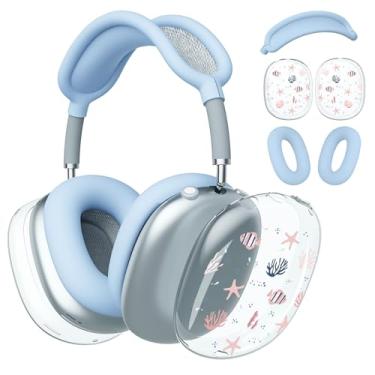 Imagem de BlHMCASE Capa de fone de ouvido para AirPods Max, capa de fone de ouvido transparente de estrela do mar, capa de silicone azul para Apple AirPods Max