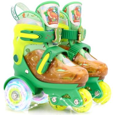 Imagem de Patins ajustáveis para crianças de 5 a 12 anos, sapatos infantis iluminados para crianças de 3 a 5 anos, caixa de presente para crianças pequenas, verde dinossauro