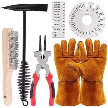 Imagem de Glarks Conjunto de 6 ferramentas de remoção de escória de soldagem, inclui martelo de solda de 25 cm com alça de mola helicoidal, escova de arame, alicate de solda de 25 cm e 2 medidores de espessura