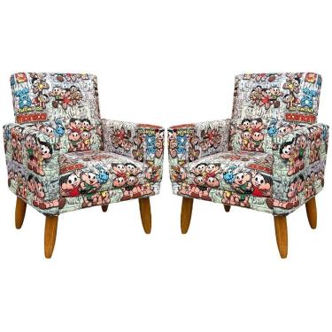 Imagem de Kit 2 Poltronas Decorativa Infantil Confortável Para Quarto Suede Com Estampa Pés Castanhos