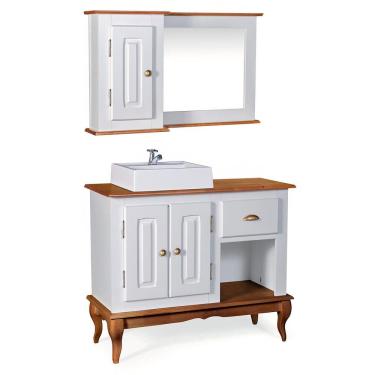 Imagem de Gabinete para Banheiro 2 Portas com Cuba e Espelheira Dália 3058 - Off White/Imbuia Glazer