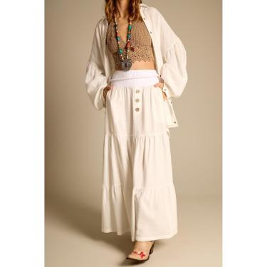 Imagem de Saia Longa 3 Marias De Linho Com Cinto Trançado Branco Yacamim I1-Feminino