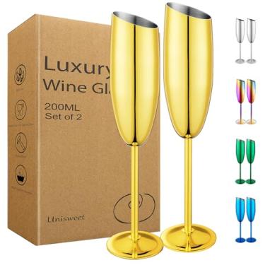 Imagem de UNISWEET Conjunto de 2 taças de champanhe, taças de champanhe de aço inoxidável para casamento e festa de aniversário, taça de champanhe inquebrável de boca inclinada de 200 ml com haste longa