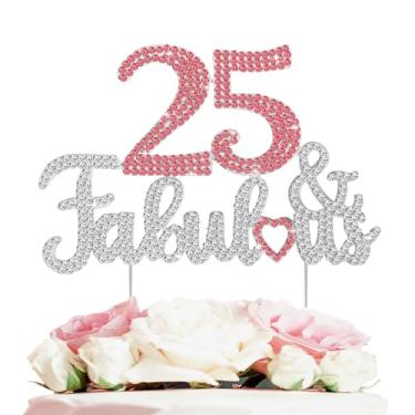 Imagem de LASKYER 25 & Fabulous Peach Red & Silver Rhinestone Cake Topper - Happy 25th Birthday Cheers to 25 Years Old Bday Party Metal Sparkly Food Centerpieces Topper Decorations Keepsake.