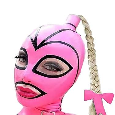 Imagem de IMZAUYH Capuz de máscara de látex, rosa, trançado, preto, amarelo, tiras de borracha com rabo de cavalo feito à mão, olhos expostos FW32 (trança amarela, 2GG)