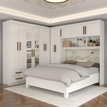 Imagem de Guarda-Roupa Casal Modulado com Cama Belgrado 11 Portas 6 Gavetas com Espelho Branco - Panorama Móveis