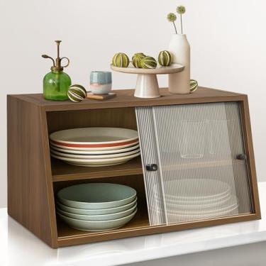 Imagem de Armário de bancada pequeno para cozinha, mini armário de bancada com 2 portas deslizantes de acrílico, aparador pequeno de despensa de cozinha de 59,9 cm, armário de armazenamento de bancada de 2