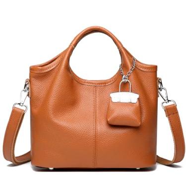 Imagem de Makukke Bolsas femininas de couro legítimo, bolsa tiracolo pequena com alça de ombro ajustável, Marrom amarelado