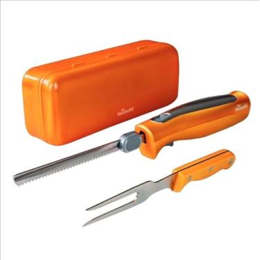 Imagem de HousesAid Faca elétrica, conjunto de facas elétricas com duas lâminas de aço inoxidável serrilhadas, garfo de entalhe, com alça antiderrapante, trava de segurança e estojo de armazenamento para carne