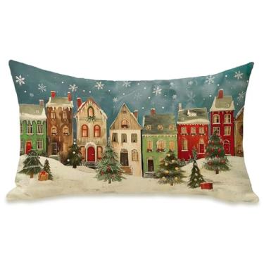 Imagem de Fahrendom Capa de almofada retangular decorativa para casa de vila de Natal 30,5 x 50,8 cm, árvore de Natal, neve, varanda, pátio, capa de almofada para área externa, inverno, casa de fazenda, sofá