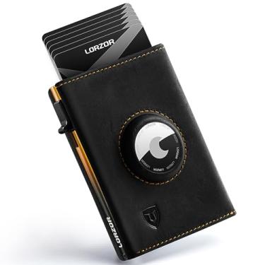 Imagem de LORZOR Carteira AirTag – couro de flor integral, carteira masculina minimalista com suporte para Apple Air, capa para cartão pop-up inteligente, janela para identidade, bloqueio RFID, bolso frontal
