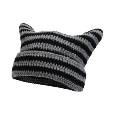 Imagem de Gorro Feminino De Inverno Listrado Com Orelhas De Gato, Estilo Coreano