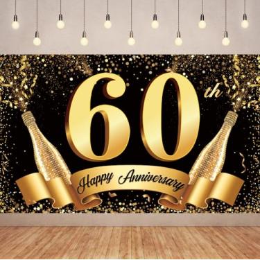 Imagem de Pano de fundo de feliz aniversário de 60 anos preto e dourado de 1,8 m x 9 m, decoração de festa de aniversário, decoração de festa de casamento, pano de fundo de fotografia Miss to Mrs