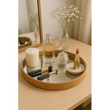 Imagem de Bandeja Redonda de Madeira com Espelho, Decorativa e Organizador Versátil