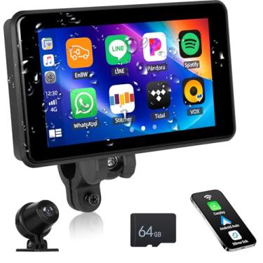 Imagem de Tela Carplay para motocicleta, CarPlay sem fio e Android Auto, rádio portátil IPS à prova d'água de 5 polegadas com link espelhado, BT, EQ, FM, DVR, câmeras frontais e traseiras, cartão TF 64G