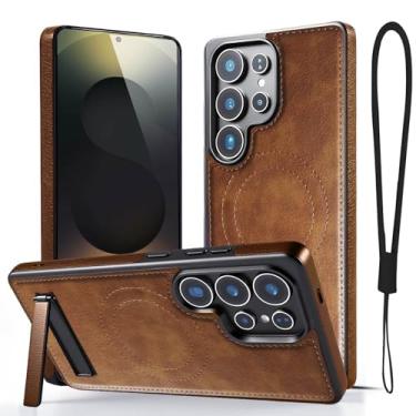 Imagem de Moment Dextrad Capa de couro magnético para Samsung Galaxy S25 Ultra marrom, suporte embutido, compatível com MagSafe, alça de silicone, proteção interna de TPU, capa fina à prova de choque