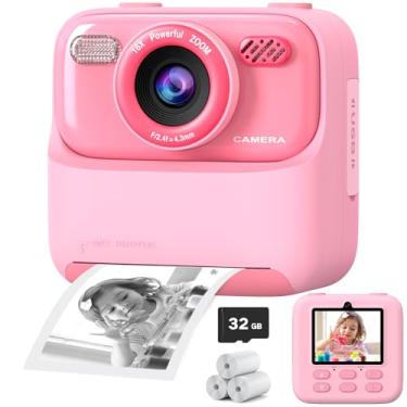 Imagem de Câmera infantil com impressão instantânea para meninos e meninas, câmera digital de selfie de lente dupla HD 1080p com papel de impressão e cartão de 32G, brinquedos de presente de aniversário de