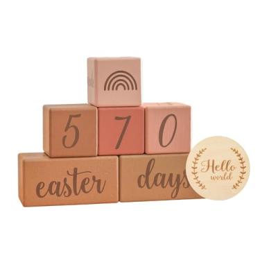 Imagem de YIJU Conjunto de blocos de marco, acessórios para fotos, lembranças criativas da semana, mês, ano, chá de bebê, recém-nascido, discos de madeira, memórias, Rosa