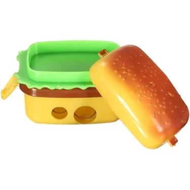 Imagem de Afiador de lápis de hambúrguer amarelo, design de orifício duplo com recipiente e borracha, apontador de lápis