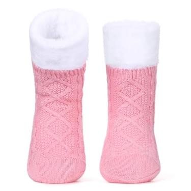 Imagem de Meias femininas de inverno com garras, aconchegantes e aconchegantes forradas de lã de lã grossa de lã de ovelha para uso interno, antiderrapante, presente de Natal, rosa, One Size