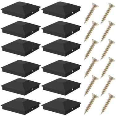 Imagem de 12 peças de tampas de poste de plástico resistente tampas de poste de cerca preta à prova d'água tampas de poste de deck resistentes ao calor com parafusos para cerca de madeira (preto)