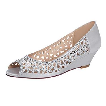Imagem de Sapatos de noiva Erijunor femininos Peep Toe salto baixo anabela de casamento strass brilhante, Prata, 9