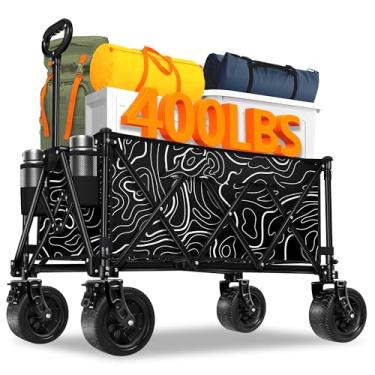 Imagem de Vagão dobrável com rodas grandes, carrinhos dobráveis de 181 kg, grande capacidade, carrinho utilitário resistente, carroça de mercearia com bolsos laterais e freios, carrinho de praia para todos os