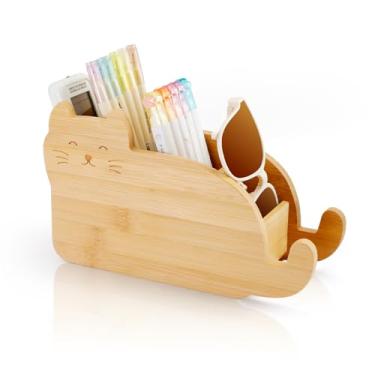 Imagem de RETON Suporte de controle remoto de bambu com 4 compartimentos, organizador de caneta em formato de nuvem fofo, suporte para controle remoto de TV, adequado para controle de mídia, pincel de maquiagem