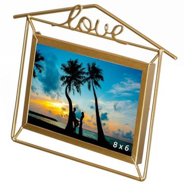 Imagem de Fabulaxe Moldura flutuante decorativa de metal dourado de 23 x 30 cm para fotos horizontais de 15 x 20 cm com cavalete para casa, escritório, sala de estar, quarto, casamento, decoração, mesa, mesa