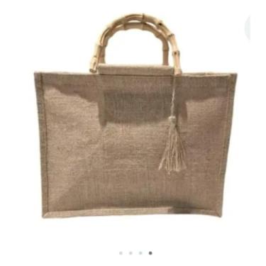 Imagem de Bolsa De Juta Com Alça De Bambu Feminina Cor Palha Grande Praia piscina Passeio Estilo Atemporal