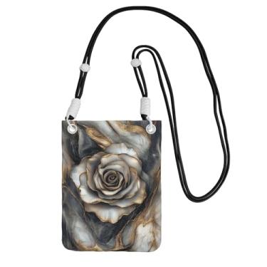 Imagem de Bolsa transversal para celular para meninas e mulheres, alça preta, material de poliéster, alça de ombro ajustável e destacável, linha dourada, cinza, padrão rosa e mármore