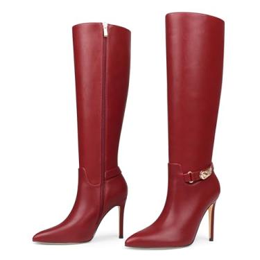 Imagem de COLETER Botas femininas na altura do joelho, bico fino, fivela stiletto, botas sociais despojadas com zíper e salto alto, Vermelho vinho, 40