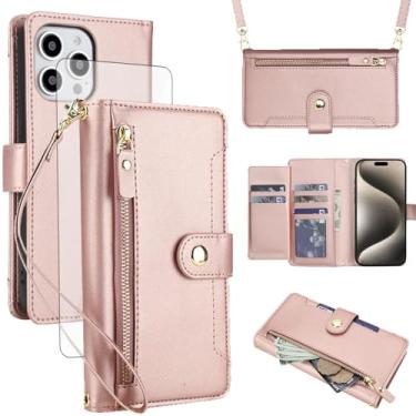 Imagem de Asuwish Capa de celular para iPhone 15 Pro Max de 6,7 polegadas com zíper carteira, com protetor de tela de vidro temperado e alça transversal, porta-cartão i Phone15 15Pro i15 ProMax 15ProMax