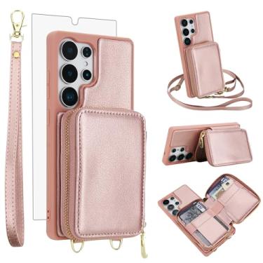 Imagem de Capa de celular para Samsung Galaxy S24 Ultra 5G carteira celular com protetor de tela de vidro temperado, alça transversal, cordão com bloqueio de RFID, suporte para cartão de crédito S24Ultra 24S S