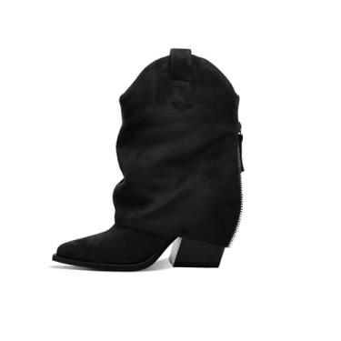 Imagem de Botas femininas dobradas no tornozelo, botas grossas de salto médio, bico fino, bico fino, zíper lateral, botas curtas de salto para mulheres, outono inverno, Camurça preta, 41