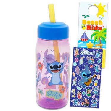 Imagem de Disney Conjunto de garrafa de água Lilo and Stitch, conjunto de copos com garrafa de água costurada com adesivos de canudo Plus, mais copo para beber