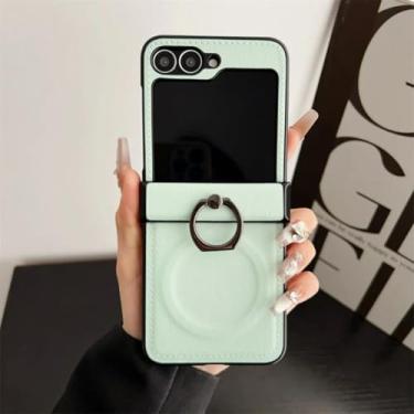 Imagem de Capa protetora com dobradiça magnética de couro para Samsung Galaxy Z Flip6 com carregamento sem fio (para Samsung Galaxy Z Flip6/verde)
