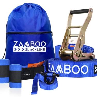 Imagem de Slackline Zamboo Kit StartLine 15m x 50mm Azul Com Catraca Reforçada, Bolsa, BackUp e Protetores Suporta 3 Ton Ideal para Iniciantes Desenvolve Equilíbrio, Coordenação e Tonifica os Músculos