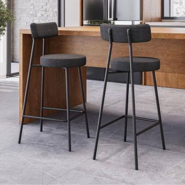 Imagem de Kit 02 Banquetas Alta Cozinha Kobe Estofada com Encosto Linho Grafite - Desk Design