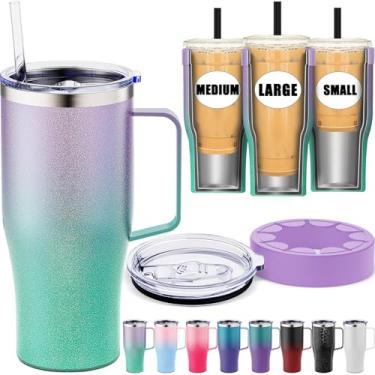 Imagem de Manga universal para café gelado com alça - isolamento térmico de parede dupla reutilizável de aço inoxidável isolante para bebidas frias, serve para Starbucks Dunkin Donuts Dutch Bros Small Medium