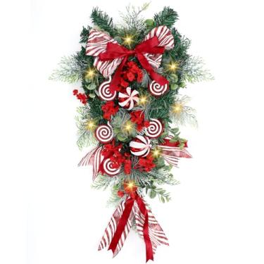 Imagem de Yunlly 71.1 cm pré acesa de Natal com lágrima de Natal com luzes, laço branco vermelho, bola de bengala de doce, enfeite de guirlanda de Natal para decoração de pendurar em ambientes internos e