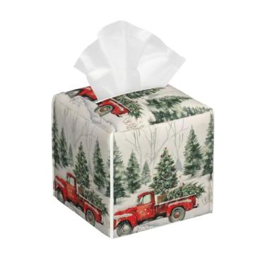 Imagem de Árvore de Natal Caminhão Vermelho Capa de Caixa de Lenço Inverno Feriado Neve Quadrado Couro Organizador de Papel Facial Decorativo para Mesas de Noite Mesa Banheiro Cozinha Escritório Decoração de