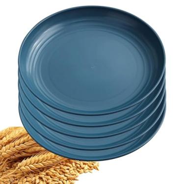 Imagem de YuanQ Conjunto de pratos de jantar com 5 peças, inquebrável, reutilizável, leve, placa de borda lisa, lavável na lava-louças e no micro-ondas (azul escuro, 23 cm)