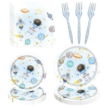 Imagem de 100 peças de decoração de festa de aniversário com tema de galáxia de astronauta, suprimentos para crianças e mulheres, guardanapos e garfos de plástico para 25 convidados