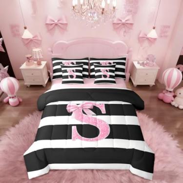 Imagem de Erosebridal Conjunto de edredom solteiro com monograma, letra P, laço rosa, 7 peças, personalizado, com glitter, para quarto de meninas, adolescentes, mulheres, conjunto de cama com listras pretas e