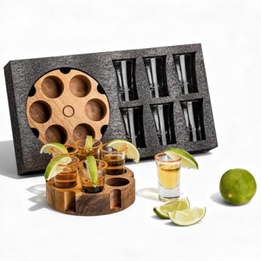 Imagem de SUN GKOTTA Conjunto de 6 copos de shot, copos de tequila com suporte de madeira - pequenas fotos transparentes para restaurante, bar, festa (luxo queimado rústico)